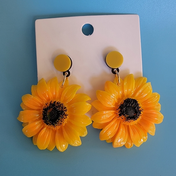 Yellow Black Round Sunflower Earrings Women's long Daisy Sun Flower Dangle Boho - Picture 2 of 4